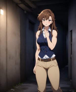 beautiful sexy anime girl with long brown hair & having a muscular body, wearing white sleeveless button up collared shirt with a blue quilted vest over it & beige khaki pants, in a abandoned urban dark alley in a dark night sky, 1girl