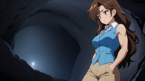 beautiful sexy anime girl with long brown hair & a muscular body, wearing white sleeveless button up collared shirt with a blue vest over it & beige khaki pants, inside of a dark cave in a dark night sky, 1girl