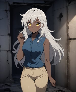 rear view of a Brown skin beautiful sexy anime girl with long silver hair & yellow eyes, wearing blue sleeveless button up collared shirt & beige khaki pants, inside of a abandoned biomechanical prison in a dark night sky, 1girl, dystopian