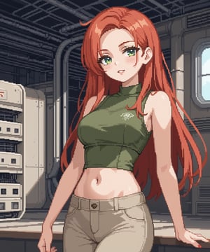 sexy redhead teenage anime girl with long red hair & green eyes, wearing a dark green sleeveless crop top & beige khaki pants, inside of a abandoned urban factory in a dark night sky, 1girl