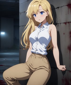 beautiful sexy blonde anime girl with long blonde hair & blue eyes, wearing white sleeveless button up collared shirt & beige khaki pants, inside of a abandoned parking garage walls covered blood at night time, 1girl