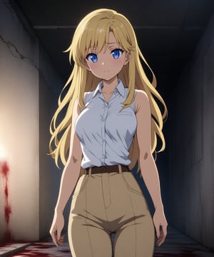 beautiful sexy blonde anime girl with long blonde hair & blue eyes, wearing white sleeveless button up collared shirt & beige khaki pants, inside of a abandoned parking garage walls covered blood at night time, 1girl