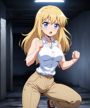 beautiful sexy blonde anime girl with long blonde hair & blue eyes, clenching her fists, fight idle pose, wearing white sleeveless button up collared shirt & beige khaki pants, inside of a abandoned parking garage at night time, 1girl