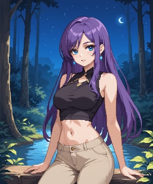 beautiful sexy anime girl with long purple hair & blue eyes, wearing black sleeveless crop top & beige khaki pants, in a enchanted forest in a dark night sky, 1girl