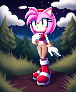 amy rose, sonic the hedgehog \(series\), red headband, short hair, forest, night, clouds, boots, gloves, black sleevless crop top, khaki pants     