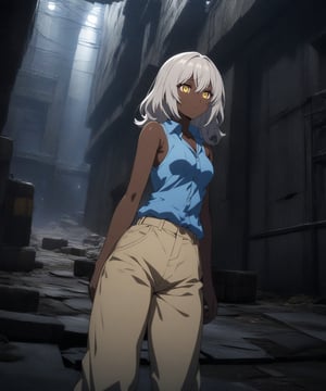 Brown skin beautiful sexy anime girl with long silver hair & yellow eyes, wearing blue sleeveless button up collared shirt & beige khaki pants, inside of a abandoned biomechanical prison in a dark night sky, 1girl, dystopian