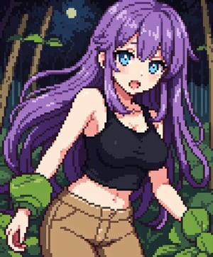 beautiful sexy anime girl with long purple hair & blue eyes, wearing black sleeveless crop top & beige khaki pants, in a enchanted forest in a dark night sky, 1girl