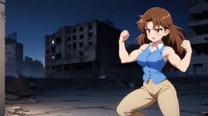  beautiful sexy anime girl with long brown hair & a muscular body, clenching her fists, fight idle pose, wearing white sleeveless button up collared shirt with a blue vest over it & beige khaki pants, in a abandoned urban construction site at night time, 1girl