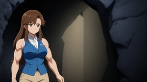 beautiful sexy anime girl with long brown hair & a muscular body, wearing white sleeveless button up collared shirt with a blue vest over it & beige khaki pants, inside of a dark cave in a dark night sky, 1girl