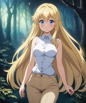 beautiful sexy blonde anime girl with long blonde hair & blue eyes, wearing white sleeveless button up collared shirt & beige khaki pants, in a enchanted forest in a dark night sky, 1girl