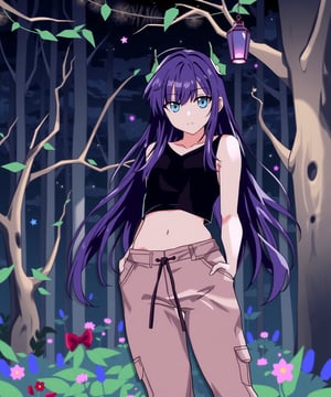 beautiful sexy anime girl with long purple hair & blue eyes, wearing black sleeveless crop top & beige khaki pants, in a enchanted forest in a dark night sky, 1girl