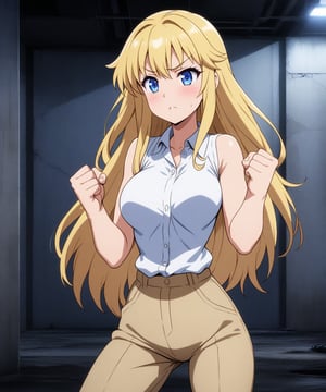 beautiful sexy blonde anime girl with long blonde hair & blue eyes, clenching her fists, fight idle pose, wearing white sleeveless button up collared shirt & beige khaki pants, inside of a abandoned parking garage at night time, 1girl