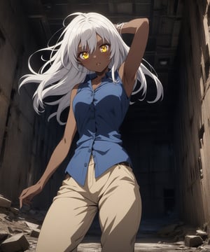 Brown skin beautiful sexy anime girl with long silver hair & yellow eyes, wearing blue sleeveless button up collared shirt & beige khaki pants, inside of a abandoned biomechanical prison in a dark night sky, 1girl, dystopian