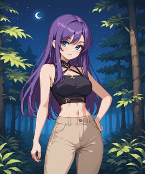 beautiful sexy anime girl with long purple hair & blue eyes, wearing black sleeveless crop top & beige khaki pants, in a enchanted forest in a dark night sky, 1girl