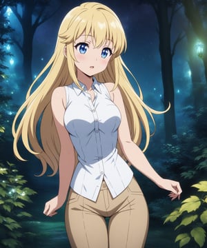 beautiful sexy blonde anime girl with long blonde hair & blue eyes, wearing white sleeveless button up collared shirt & beige khaki pants, in a enchanted forest in a dark night sky, 1girl