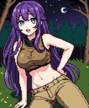 beautiful sexy anime girl with long purple hair & blue eyes, wearing black sleeveless crop top & beige khaki pants, in a enchanted forest in a dark night sky, 1girl