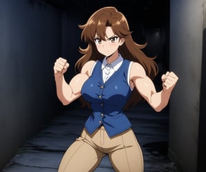 beautiful sexy anime girl with long brown hair & a muscular body, clenching her fists, fight idle pose, wearing white sleeveless button up collared shirt with a blue vest over it & beige khaki pants, in a abandoned urban dark alley in a dark night sky, 1girl
