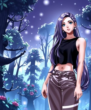 beautiful sexy anime girl with long purple hair & blue eyes, wearing black sleeveless crop top & beige khaki pants, in a enchanted forest in a dark night sky, 1girl