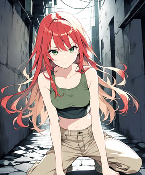 sexy redhead teenage anime girl with long red hair and green eyes, serious facial expression, wearing a dark green sleeveless crop top & beige khaki pants, in a abandoned urban dark alley in a dark night sky, 1girl