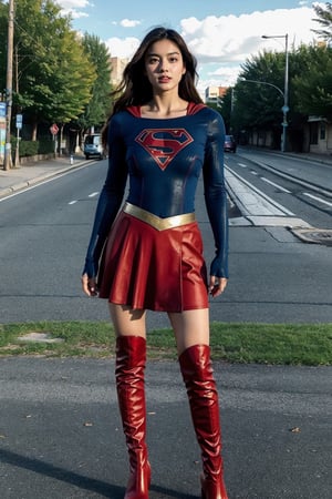 1girl, long black hair,straight hair,supergirl,wearing Supergirl's blue tight uniform,perfect,red Boots higher than knees，Red miniskirt，Red cape，full body，Bright colors，Bright red Boots, red miniskirt，Huge chest,Boots over the knee，Walking in the middle of the road，Clothes are tied to skirts，Red miniskirt,tall

