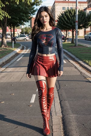 1girl, long black hair,straight hair,supergirl,wearing Supergirl's blue tight uniform,perfect,red Boots higher than knees，Red miniskirt，Red cape，full body，Bright colors，Bright red Boots, red miniskirt，Huge chest,Boots over the knee，Walking in the middle of the road，Clothes are tied to skirts，Red miniskirt

