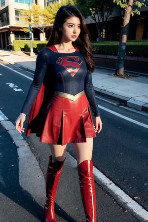 1girl, long black hair,straight hair,supergirl,wearing Supergirl's blue tight uniform,perfect,red Boots higher than knees，Red miniskirt，Red cape，full body，Bright colors，Bright red Boots, red miniskirt，Huge chest,Boots over the knee，Walking in the middle of the road，Clothes are tied to skirts，Red miniskirt
