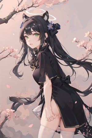 black hair, green eyes, animal ears, dress, black dress, thighhighs, chinese clothes, long hair, tiger ears, white thighhighs, twintails, cherry blossoms, short sleeves, china dress, halo, animal ear fluff, tiger girl, petals, blunt bangs