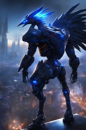 Mecha Cyborg 1Wing Garuda BlueFlame Bird Cyber Black Hood Mecha Evil robot,background,night city