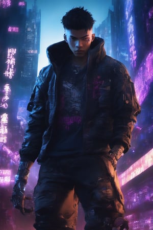 anime men busterarm cyborgarm hacker cyberpunk night city,background,night city