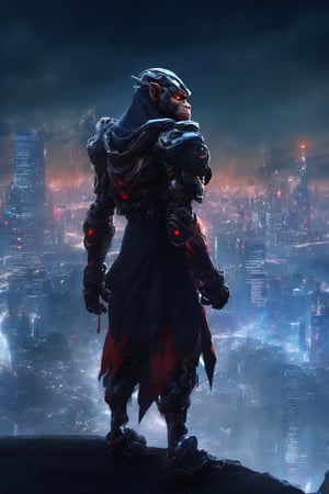 Monkey king Lunar Staff cyborg Power Nightcity Cyber Black Hood Mecha Evil robot,background,night city ,background,night city