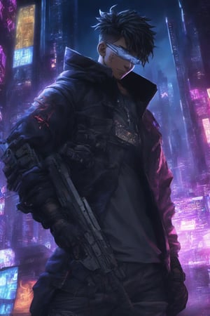 anime men busterarms hacker cyberpunk night city,background