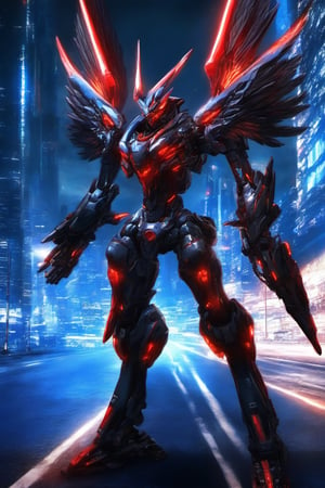 Mecha Cyborg 1Wing Garuda RedFlame BlueFlame Bird Cyber Black Hood Mecha Evil robot,background,night city