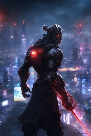 Monkey king Lunar Staff cyborg Power Nightcity Cyber Black Hood Mecha Evil robot,background,night city ,background,night city