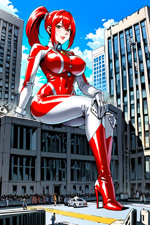 giantess, Destroy the city, Female masturbation, Trampling the city, the ground is full of ruins, a thousand times the female giant, giantess, mini city,giga size,giantess,ultragirl,red  body suit,ultragirl fina,long red hair,E cup, single ponytail, white over-the-knee pointed high heels, female Ultraman's tight one-piece uniform, spiked high heels, perfect female figure, erotic