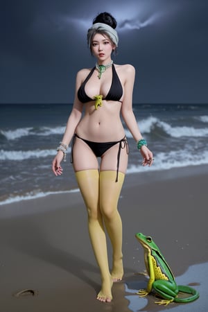 A Korean woman wearing a bun, shawl, necklace, ring, jade bracelet, yellow stockings, yellow high heels and a black bikini around her neck was holding a yellow poison dart frog on the beach on a thundering night!