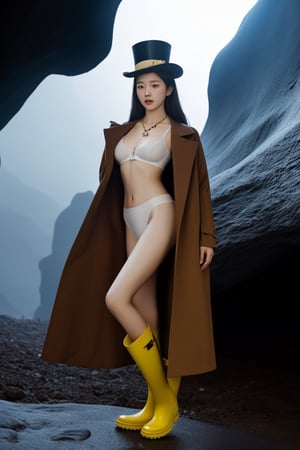 A Korean woman wearing a top hat, shawl, necklace, ring, bracelet, rain boots and sexy low-cut underwear and coat is in a cave!