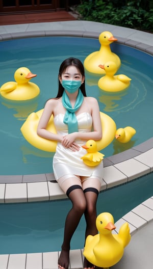 A Korean girl wearing a dress, stockings, slippers, earrings and a silk scarf was swimming in the hotel pool. Next to her was an inflatable yellow duck wearing a black eye mask.