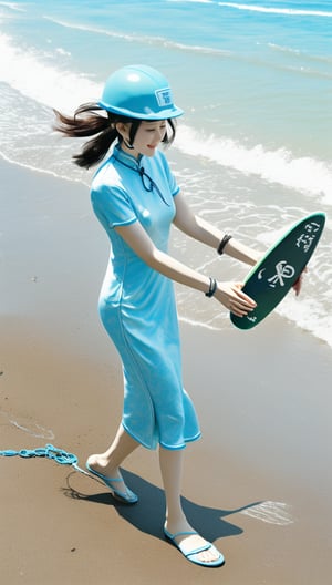 A Korean girl wearing a blue safety helmet, hair tie, necklace, cheongsam, bracelets and beach shoes is surfing on the beach!