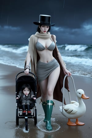 A Korean woman wearing a top hat, shawl, necklace, ring, bracelet, rain boots and suspenders in a sexy low-cut dress and coat was driving a baby stroller with a duck shape on the beach on a rainy night!