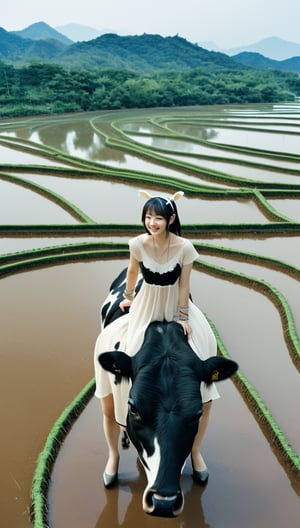 A Korean girl wearing a hairband, necklace, suspender nightgown, bracelets and high heels is riding a cow in the rice fields!