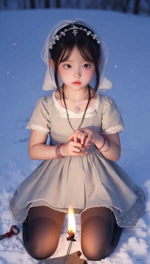 A little Korean girl wearing a small dress, a headdress, a necklace, a ring, a bracelet, an anklet, and stockings lit a match in the snow.