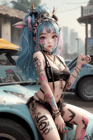 A little Korean girl dressed coolly, wearing headdress, jewelry, necklaces, rings, anklets, earrings, suspenders, tattoos all over her body, graffiti on her face and nail paint, was playing with a rocking car!