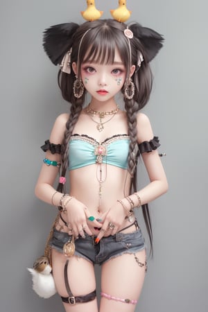 A Korean girl wearing cool clothes, jewelry, necklaces, rings, anklets, earrings, suspenders, body, face and nail paint, holding a duck in her hands!