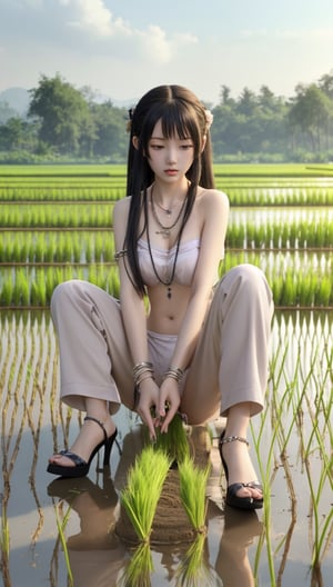 A Korean girl with long hair, hair accessories, necklaces, suspender pajamas, bracelets, and high heels is planting rice in the rice fields!