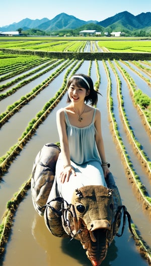 A Korean girl wearing a hairband, necklace, suspender nightgown, bracelets and slippers is riding a big scorpion in the rice fields!