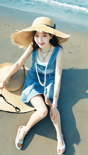 A Korean girl wearing a straw hat, hair tie, necklace, suspender denim skirt, bracelets and beach shoes is riding a big mouse on a pile of straw!