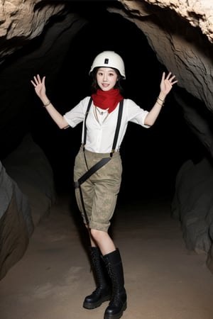 A Korean woman wearing a helmet, silk scarf, necklace, ring, bracelet, suspenders and military boots is rolling in the cave!