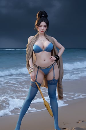 A Korean woman wearing a bun, a shawl, a necklace, a ring, a jade bracelet, blue stockings, high heels and a suspender with sexy low-cut lace was holding a yellow curare on the beach on a thundering night!