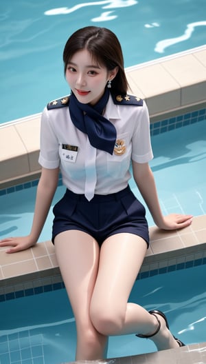 A Korean girl wearing a uniform, shorts, stockings, high heels, earrings and a silk scarf sat by the hotel swimming pool and played in the water.