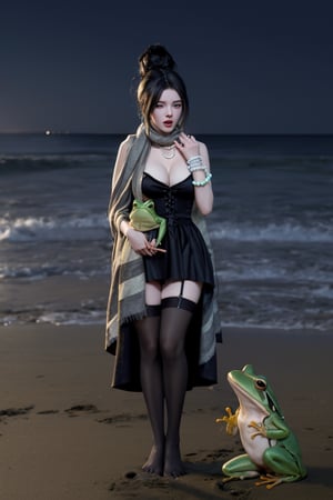 A Korean woman wearing a bun, shawl, necklace, ring, jade bracelet, stockings, rain boots and a black dress around her neck was holding a green frog on the beach at night and crying bitterly!